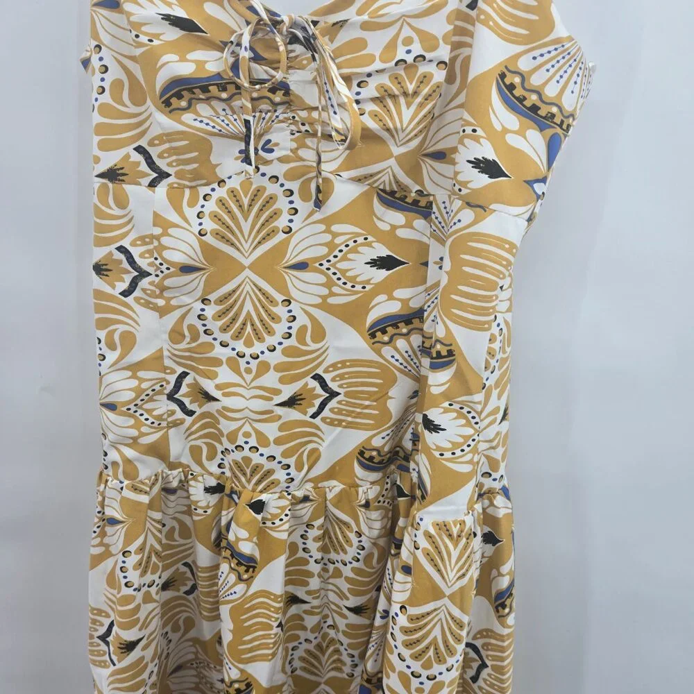 Moon River White Gold Blue Ruched Adjustable Straps Maxi Dress Med NWOT - Picture 5 of 16
